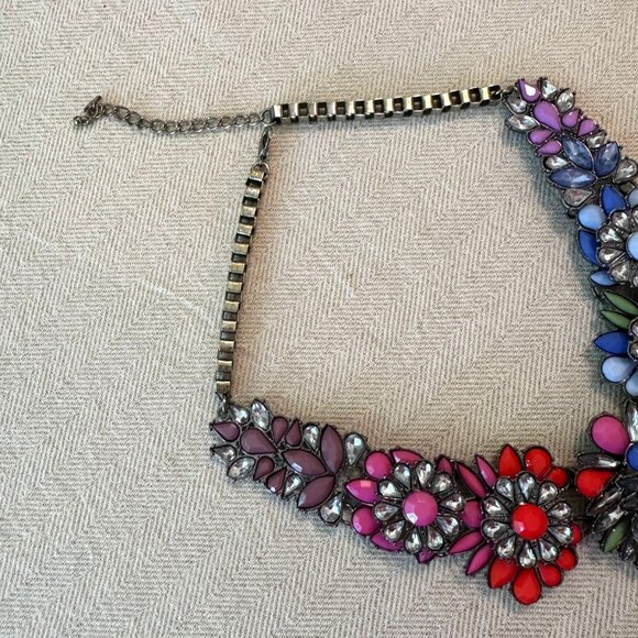 Colorful Floral Statement Bib Necklace With Adjustable Chain & Multi-Gem Accents - Picture 14 of 14
